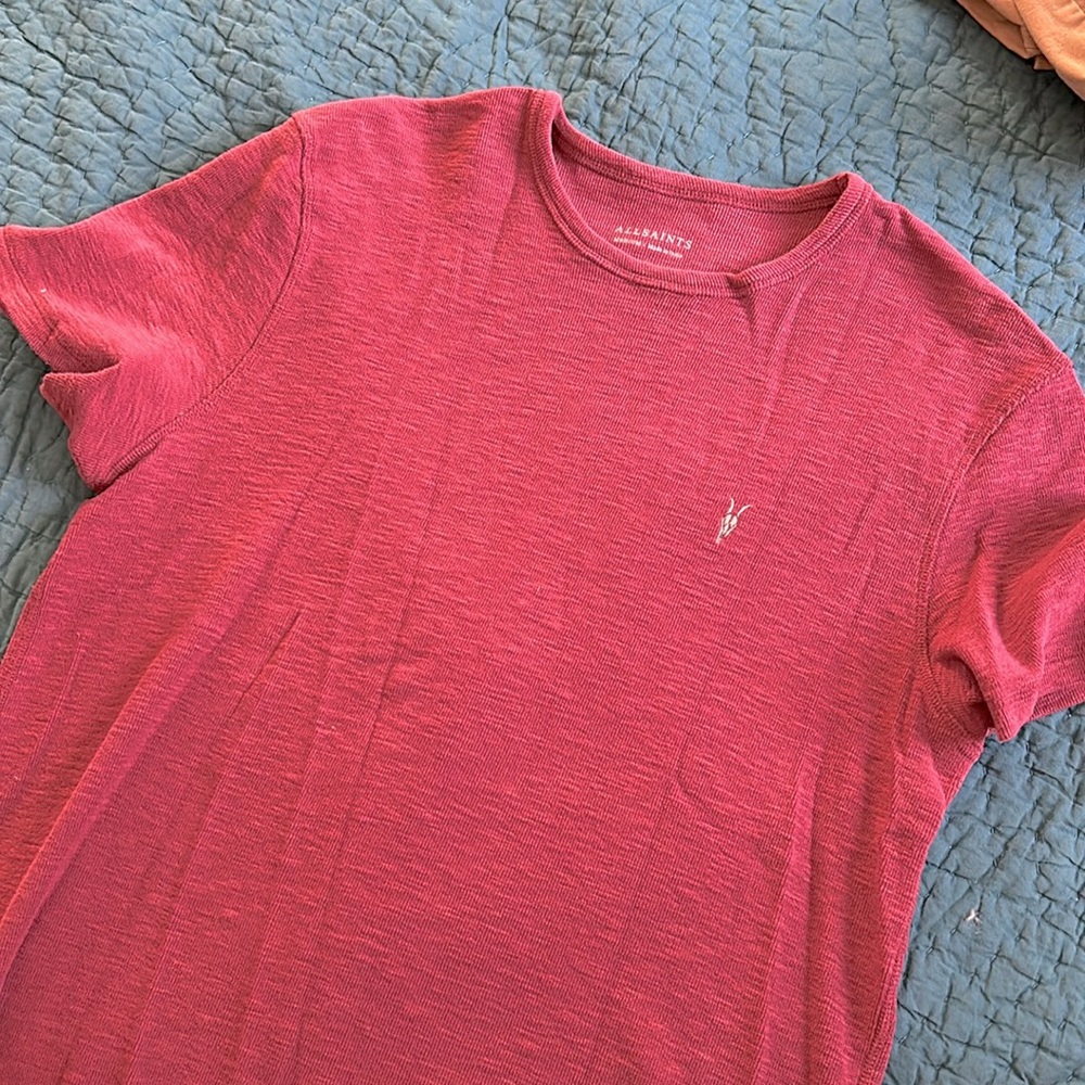 More maroon than red. Short sleeve All Saints shirt